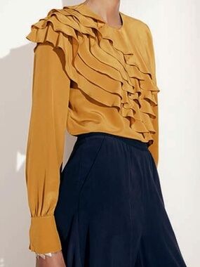 The Fold London Livenza 100% Silk Long Sleeve Blouse in Yellow Size 2 NWT